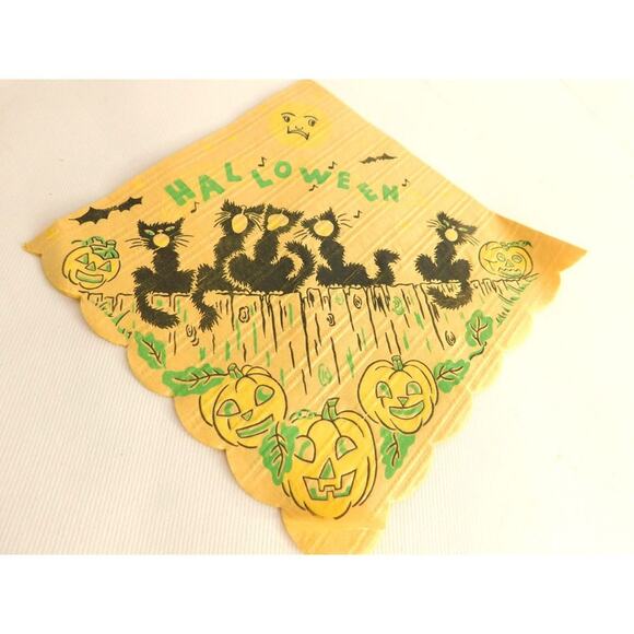 Vintage Halloween Crepe Paper Napkin Black Cats Pumpkins SET OF 3 - Picture 7 of 7